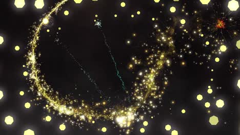 animation of shooting star and christmas fairy lights flickering over black background