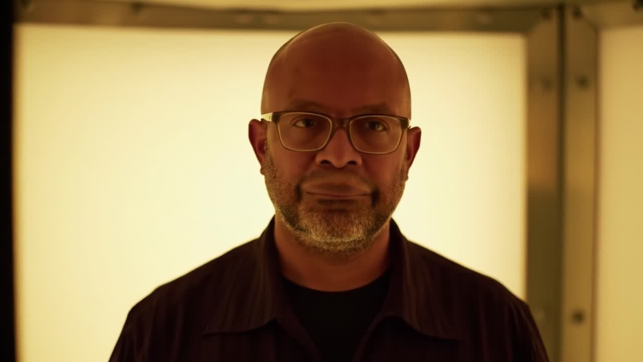 A person stands in a dimly lit, futuristic chamber with blue lighting. Their expression conveys deep thought and introspection, adding a layer of mystery to the setting.