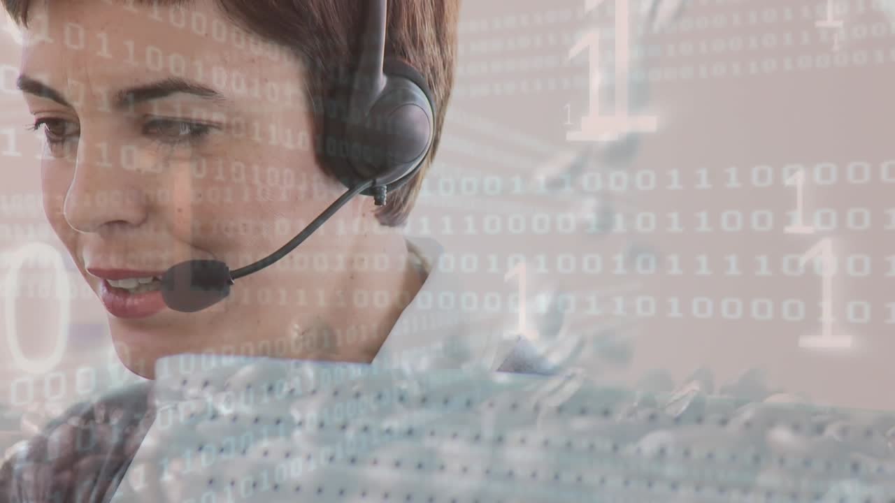 Animation of networks of connections over businesswoman using phone headset