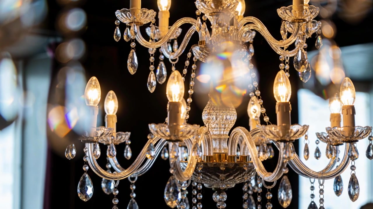 La telecamera si sposta, mettendo a fuoco un lampadario con lampadine e cristalli in modo più nitido vicino alla finestra