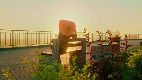 a serene morning scene: a person sitting on a bench at sunrise surrounded by lush greenery, enjoying the peaceful view and gentle glow of the early light