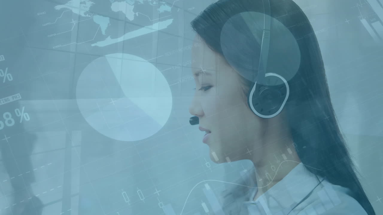 Animation of infographic interface, time lapse of walking people, asian customer service agent
