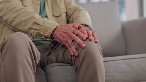 knee pain, anxiety and hands of senior man on sofa