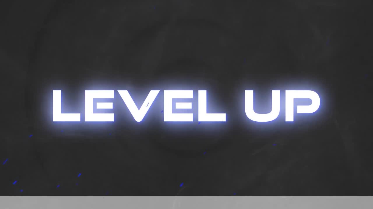 원 위의 레벨 업 텍스트의 애니메이션 박동 회색 배경