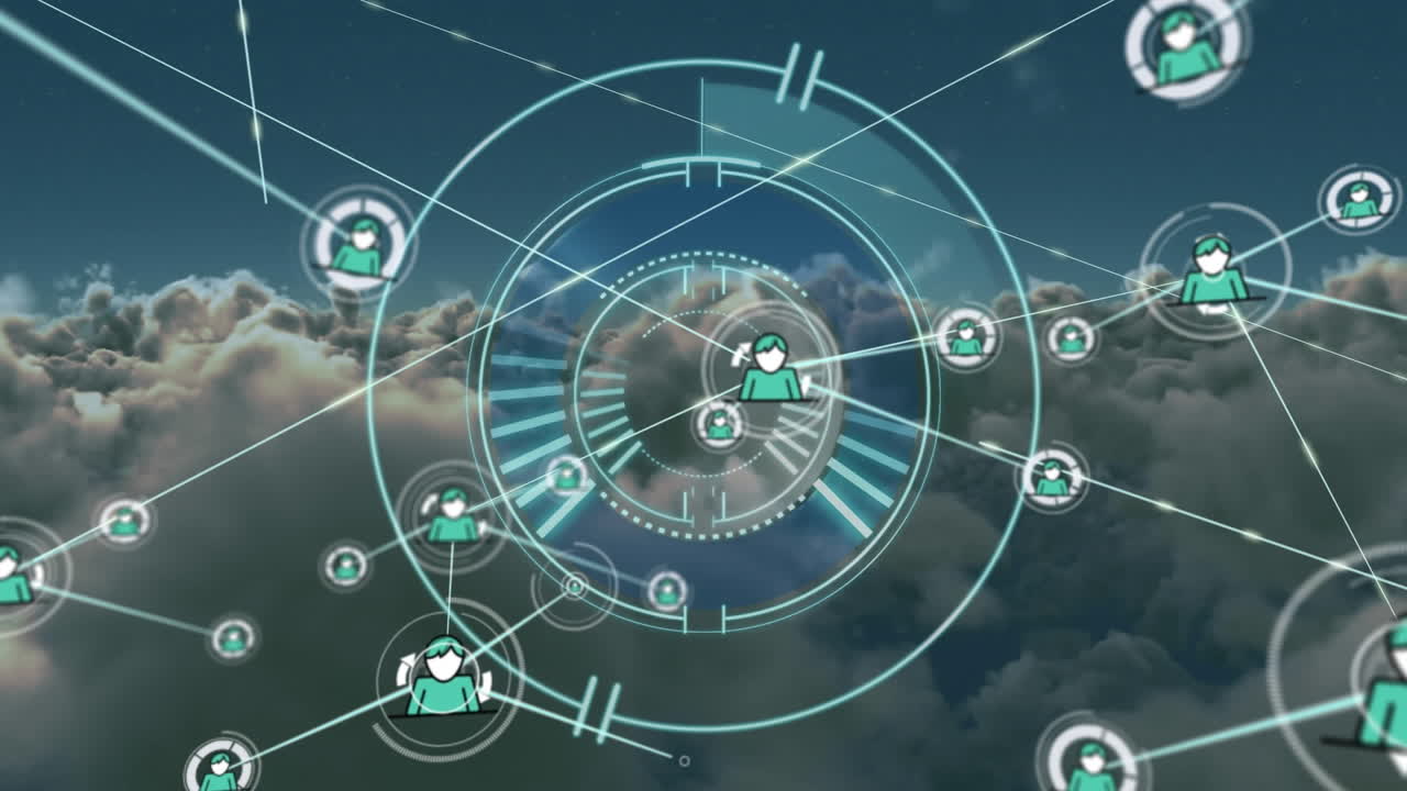 파란 배경에 어두운 구름에 대해 둥근 스캐너를 통해 프로필 아이콘의 네트워크