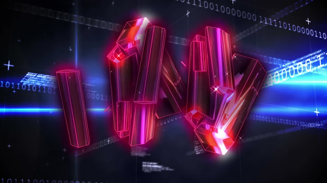 animación de bloques brillantes rosados que giran sobre codificación binaria y procesamiento de datos