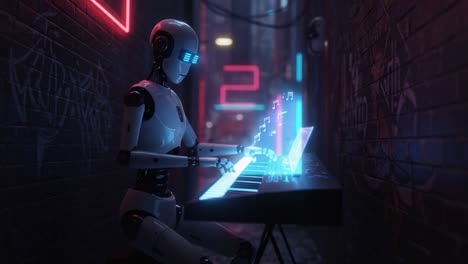 a futuristic robot composes music in a neon-lit alley, showcasing a blend of technology and art in a captivating urban environment