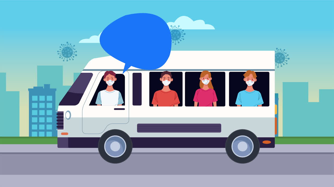 밴에서 의료 마스크를 착용 한 사람들의 그룹