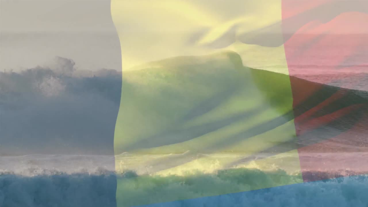 animación de la bandera de bélgica soplando sobre las olas en el mar