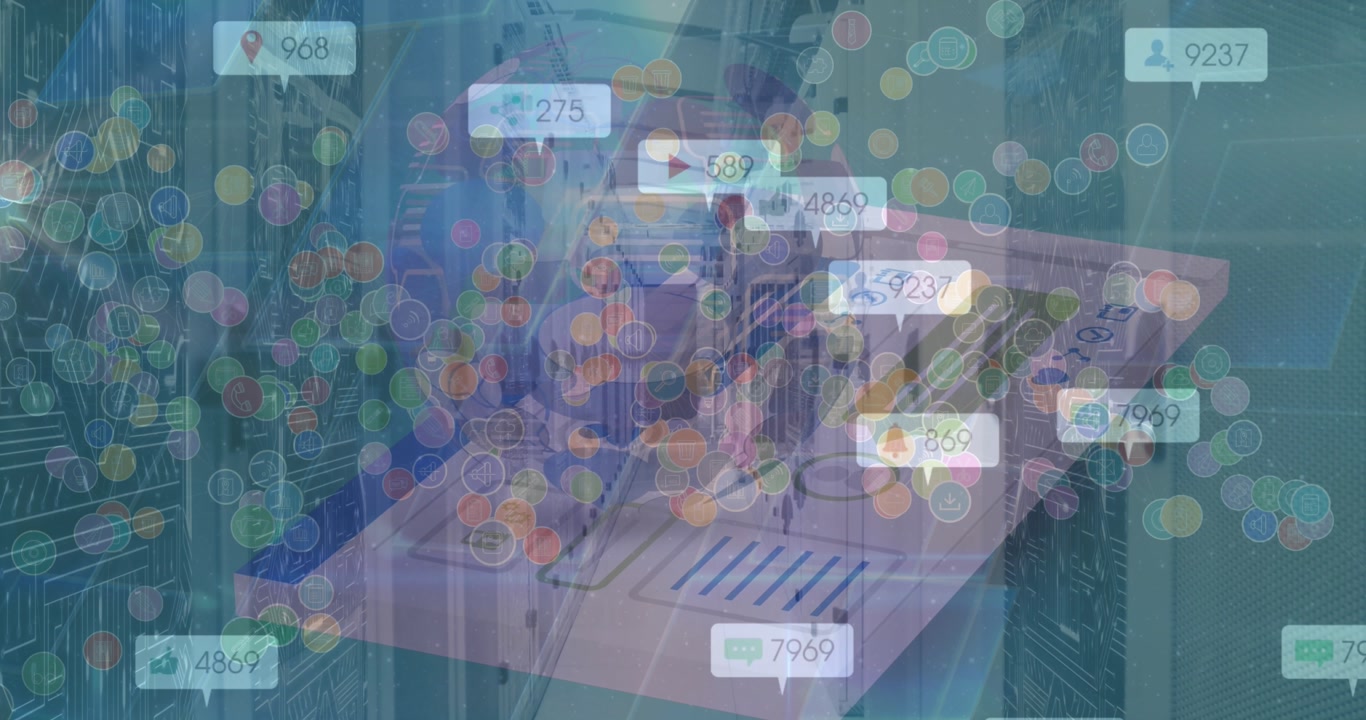 繋がりを示す地球儀を持つビジネスマンの頭上で行われるデータ処理のアニメーション