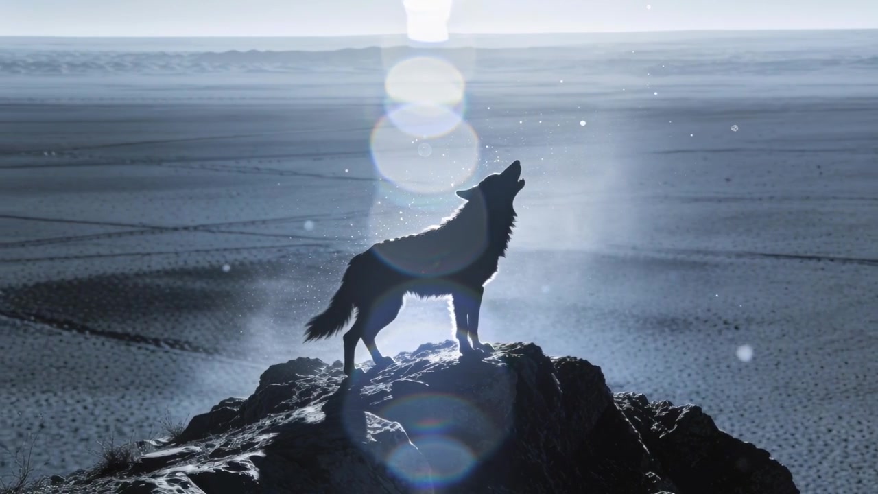 Hylende ensom ulv, der reagerer på den klare sol nær horisonten, siddende på et klippefremspring, med linseflare.