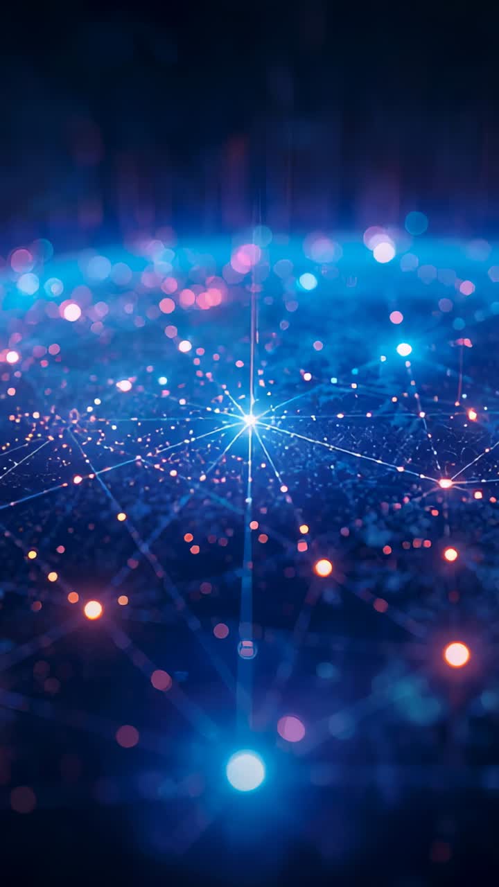 Vertical video: Camera drifting over glowing data plane, pulsing nodes showing central star node