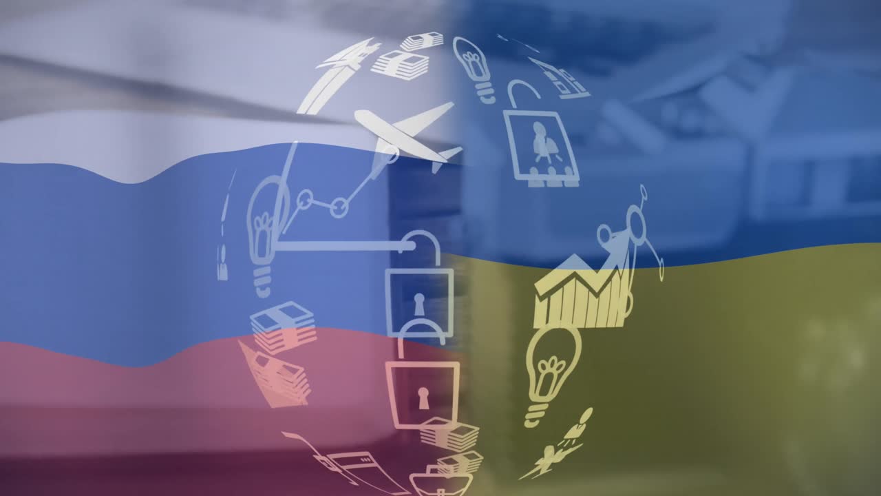 анимация глобуса с цифровыми иконами и российским флагом на фотоаппарате и ноутбуке на деревянной поверхности.