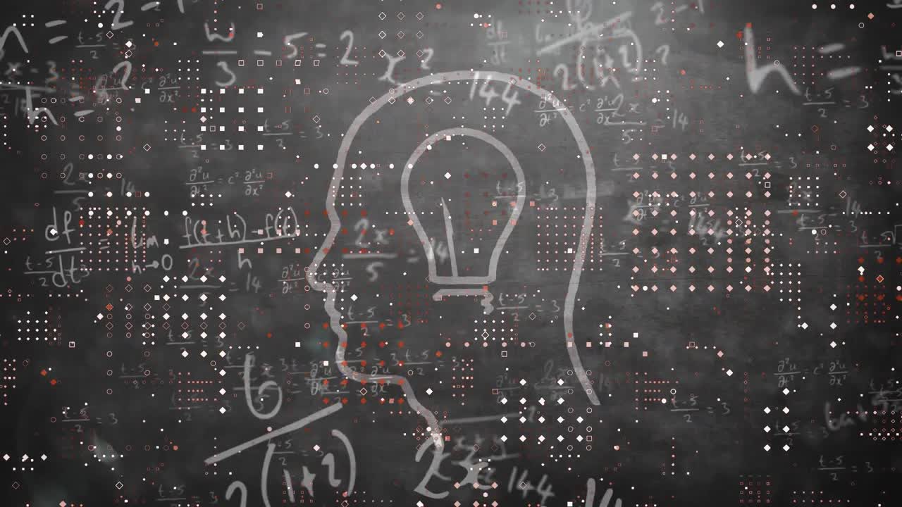 animación de ecuaciones matemáticas flotando sobre una bombilla sobre el modelo de cabeza humana.