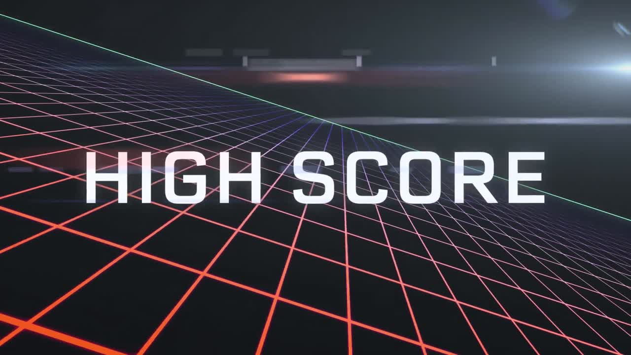 animación de texto de puntuación alta en blanco sobre luces blancas y cuadrícula roja.