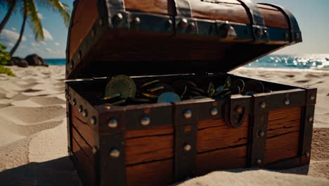 low-angle video shot of a treasure chest on a sandy beach, surrounded by palm trees, under a clear