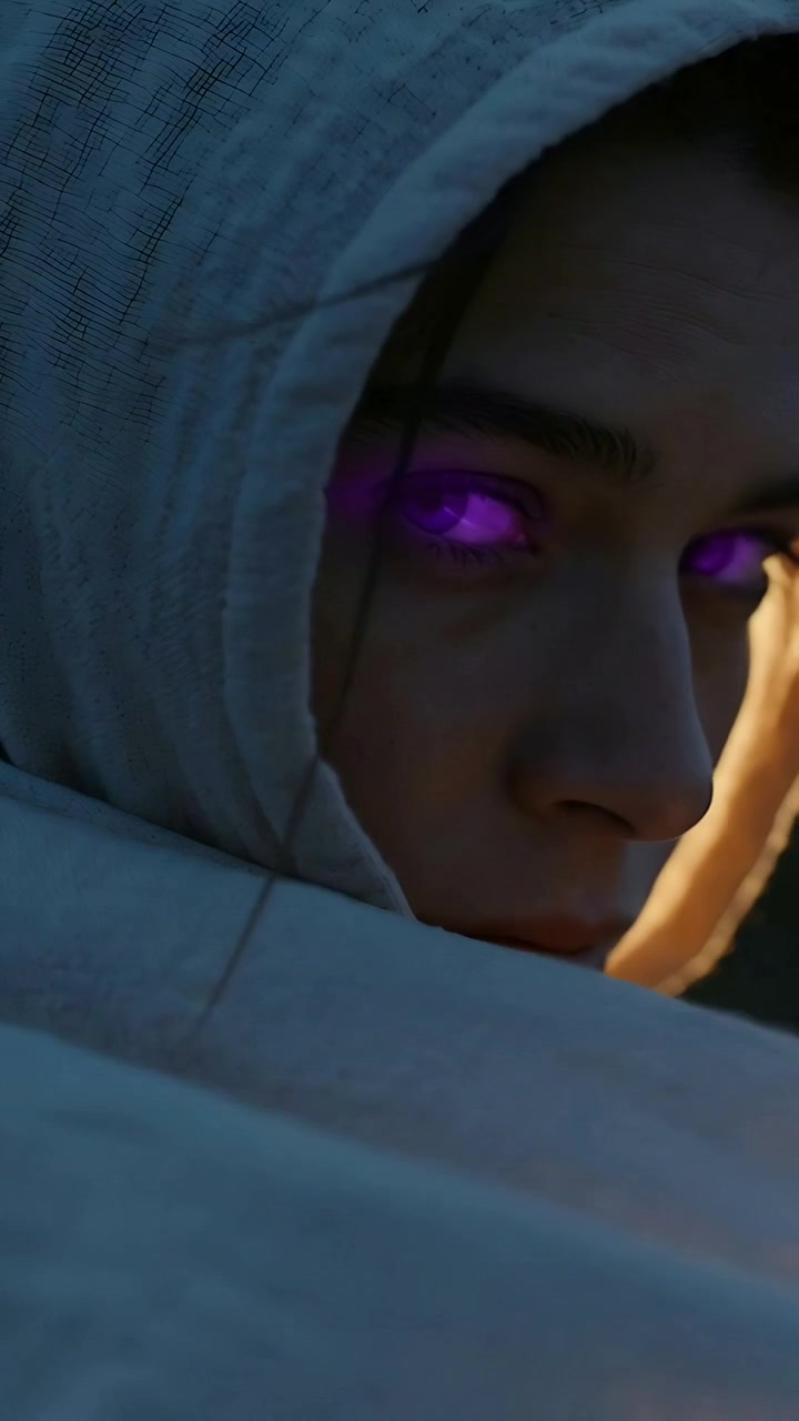 Vertical video: Dusk drawing woman in hooded wrap shifting gaze to horizon with purple glowing eyes