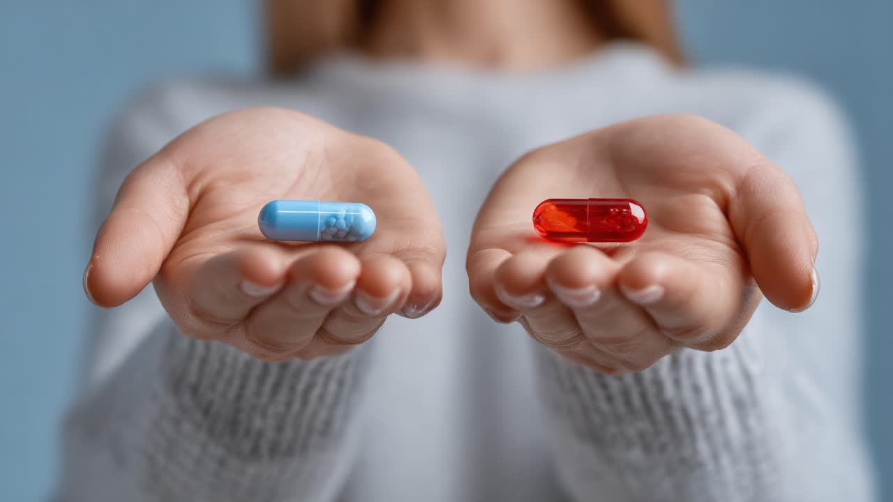 A Person Holds Two Distinct Capsules in Their Hands, One Blue and One Red, Symbolizing Choices, Medications, or Contrasting Effects in a Thought-Provoking Scenario