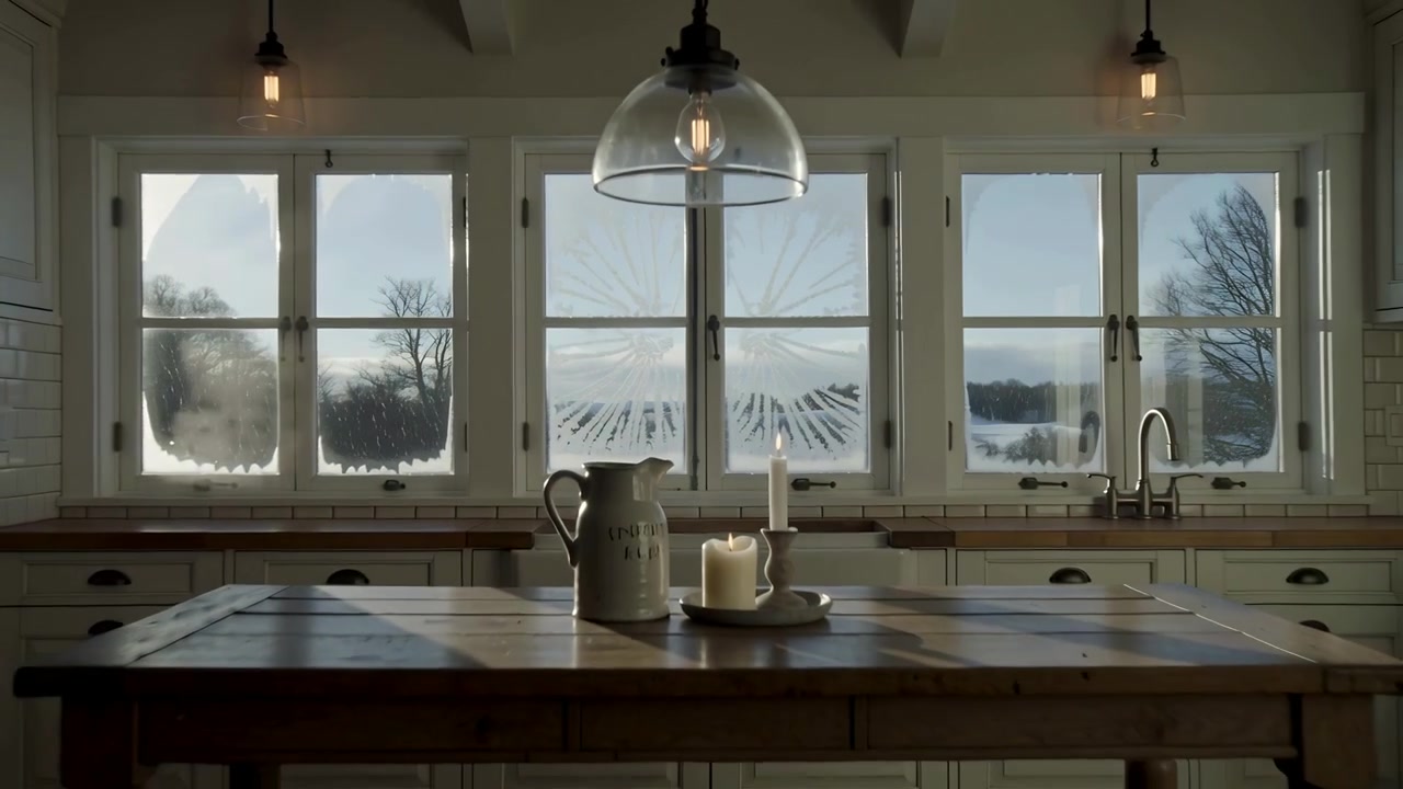 Forming radial clearing across multi-pane window in country kitchen, low sunlight warming glass