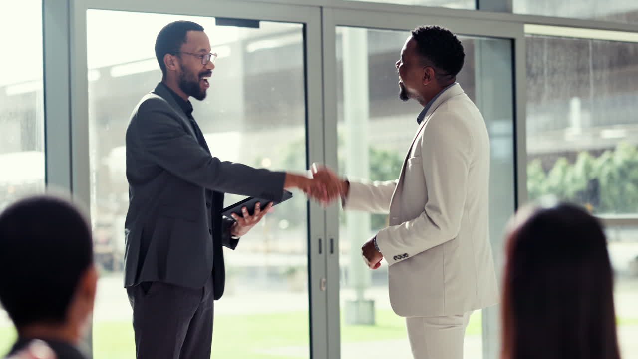 Businessman, handshake and meeting in applause