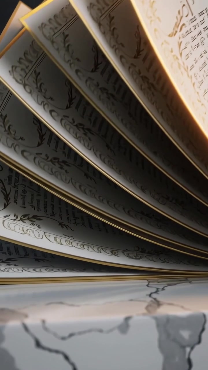Vertical video: Panning camera revealing ornate book fanned pages on marble box, showing gold edges