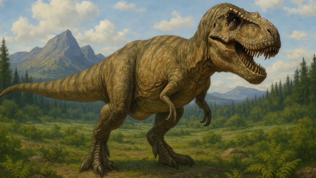 Un concetto video realistico di un T-Rex in un paesaggio rigoglioso, ripreso da una angolazione bassa.