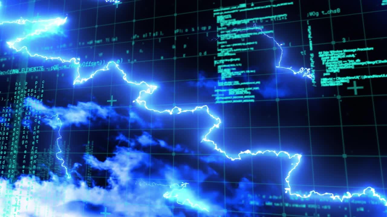 밝은 파란색 번개 번개와 구름의 애니메이션 어두운 화면에 정보 처리