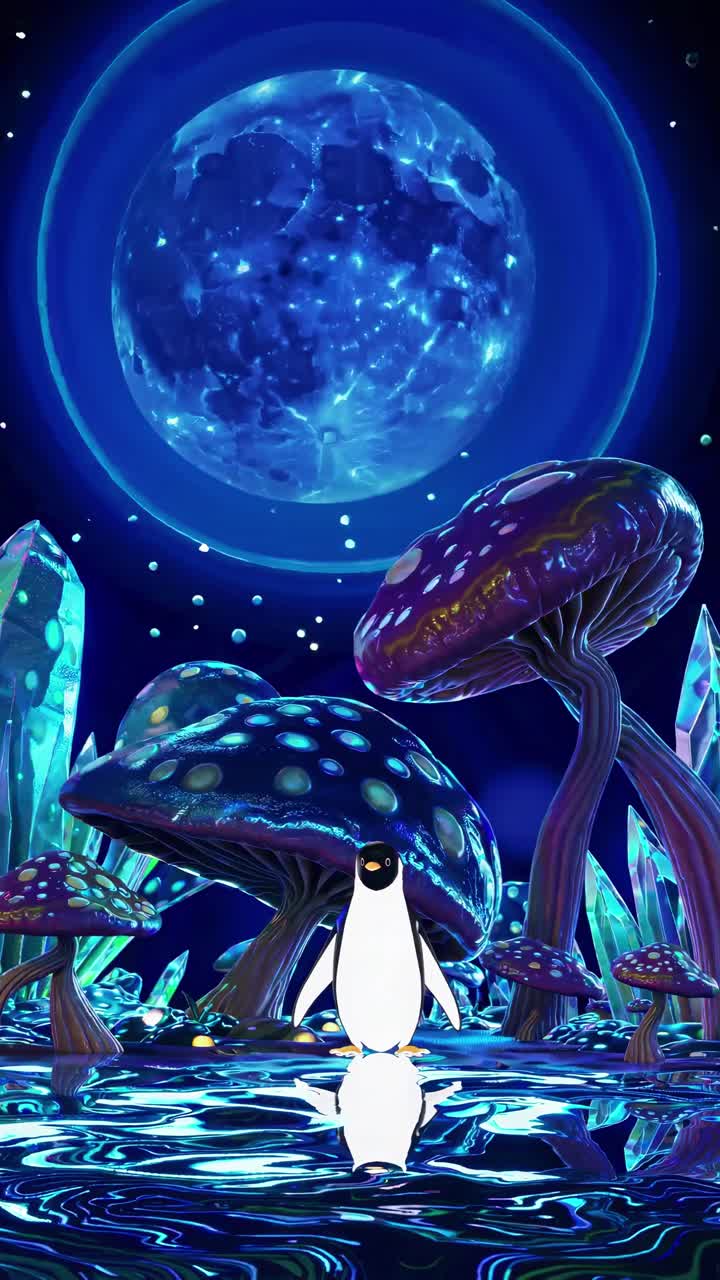 Scena video surreale con una ripresa dal basso di un pinguino in una foresta illuminata dalla luna, blu e luminosa