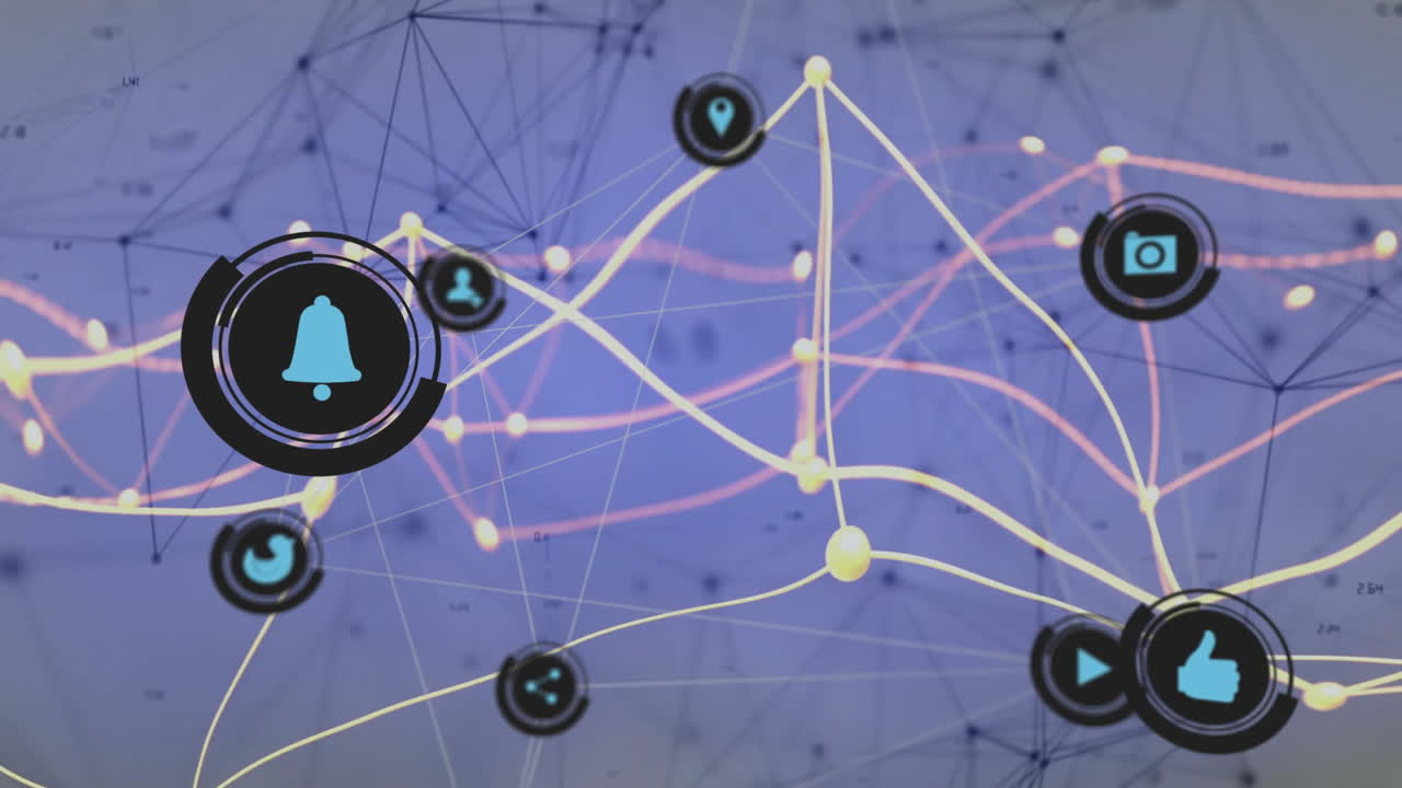 Digital icons and connections forming network over abstract animation background