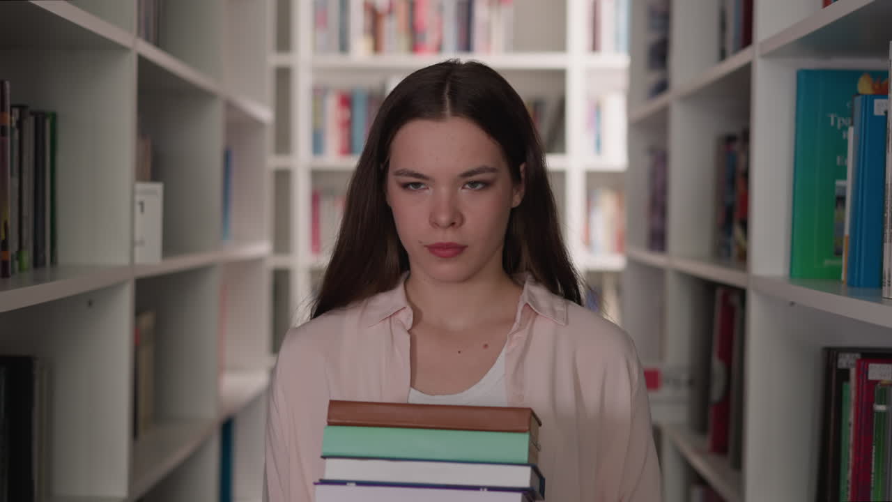 una mujer camina con una pila de libros a través del almacén. una dama morena con una camisa suelta prepara literatura para estudiar en la biblioteca. fuente educativa para estudiantes