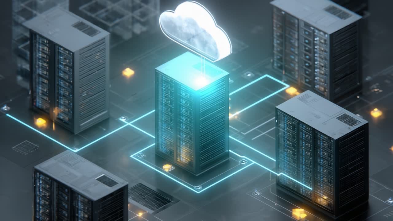 Creative Visualization of Cloud Computing and Data Storage: High-Tech Server Racks Interconnected with a Dynamic Cloud Icon to Represent Modern Digital Infrastructure