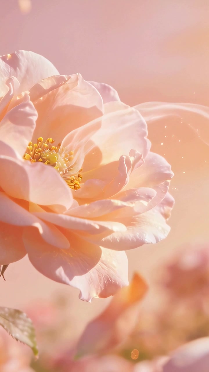 Video verticale: Rosa color pesca mossa dalla brezza che mostra gli stami in un giardino, con un petalo che cade e un nastro.