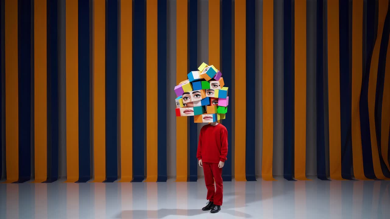 Person in red clothing standing in a room with orange and blue striped walls, head replaced by a cluster of colorful cubes with various facial features, creating a surreal portrait