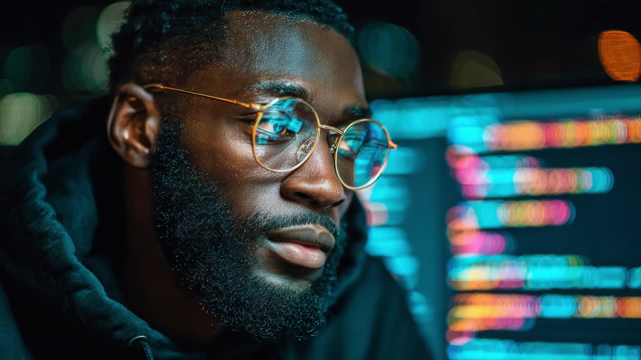 A Dedicated Programmer Analyzing Code on a Computer Screen in a Dimly Lit Environment with Colorful Programming Text Highlighting His Focus and Expertise