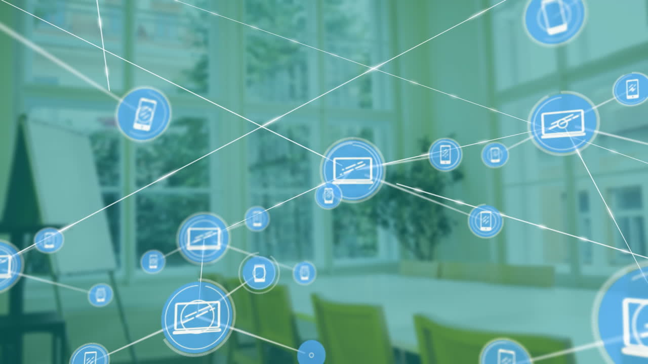 현대적인 사무실 회의실을 통해 연결된 장치의 네트워크 애니메이션