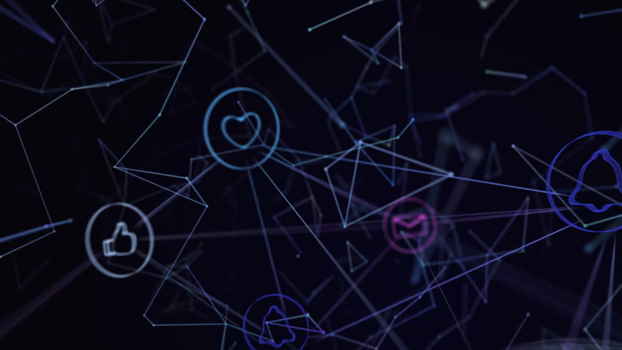 animación de iconos de medios sobre formas en movimiento.