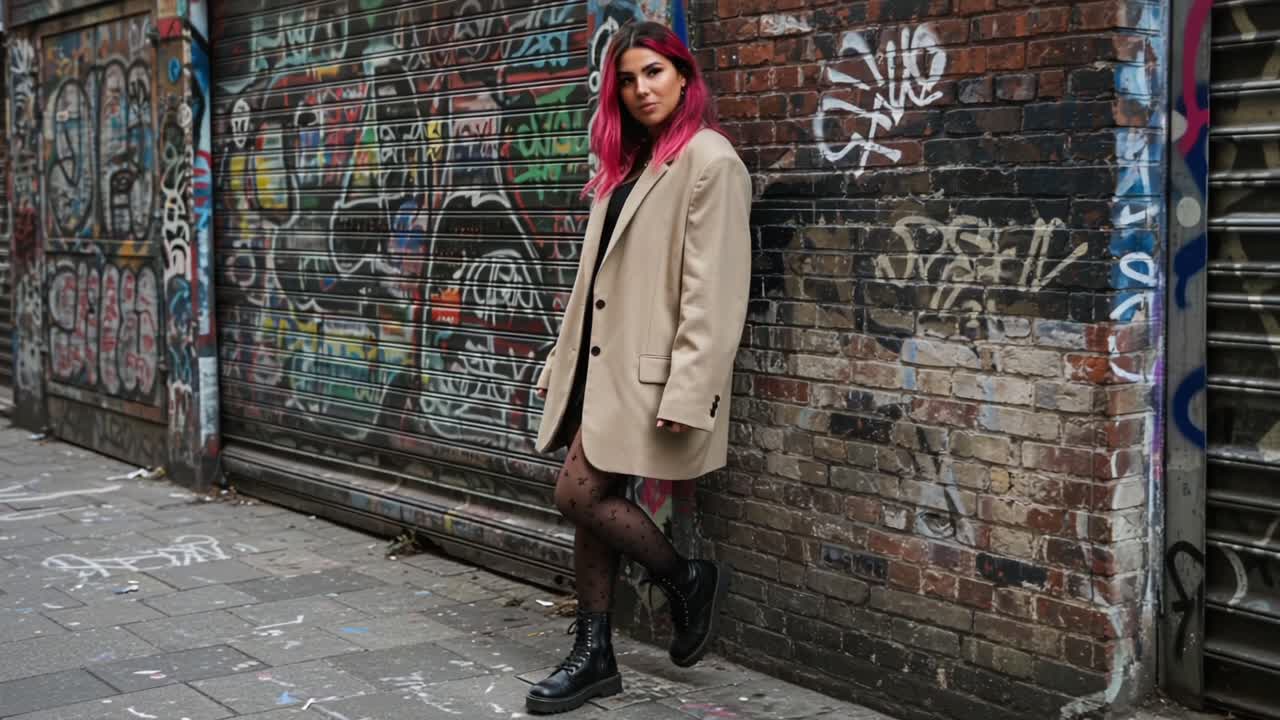 A Trendy Model with Pink Highlights Poses Stylishly Against an Urban Graffiti Backdrop, Showcasing Contemporary Street Fashion and Bold Expression