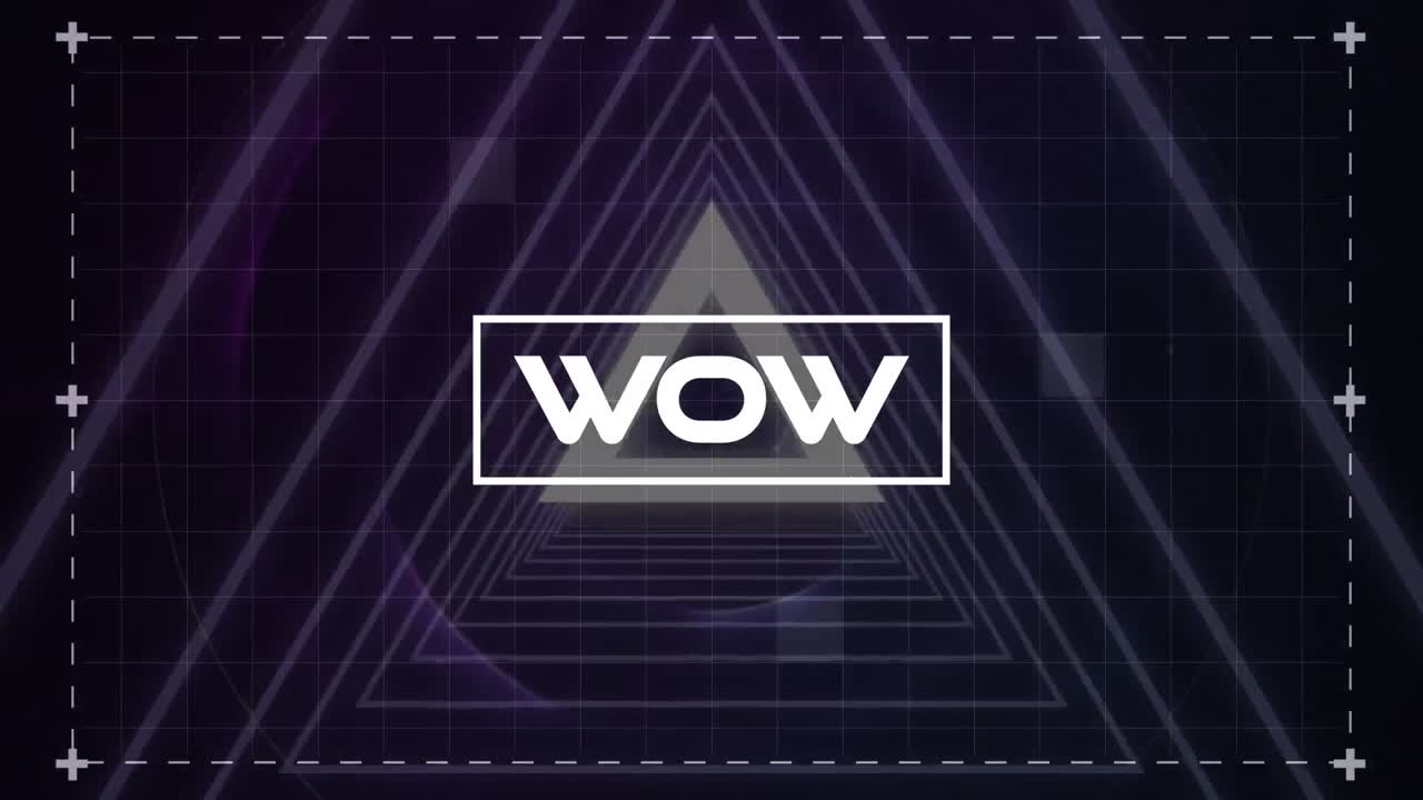 보라색 배경에 맞춰 삼각형 모양의 원활한 패턴으로 와우 텍스트 배너의 애니메이션