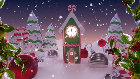 Animación-De-Nieve-Cayendo-Sobre-La-Casa-Del-Reloj-Y-Adornos-Navideños-Sobre-Fondo-Púrpura