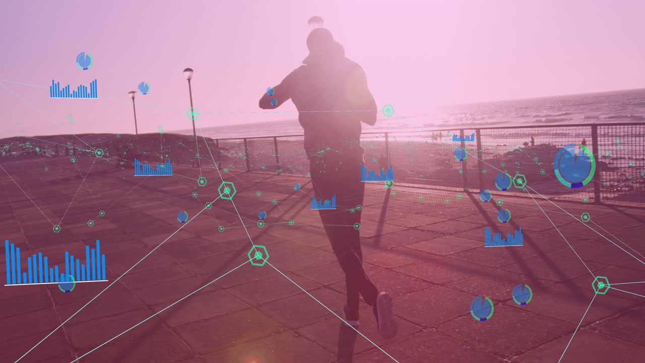 red de conexiones contra el boxeador afroamericano practicando boxeo caminando por el paseo marítimo