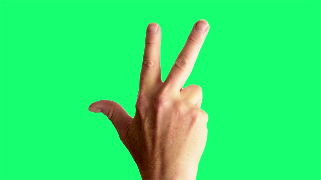 Close up shot of a male hand throwing a classic gang sign, against a greenscreen background ideal for chroma keying