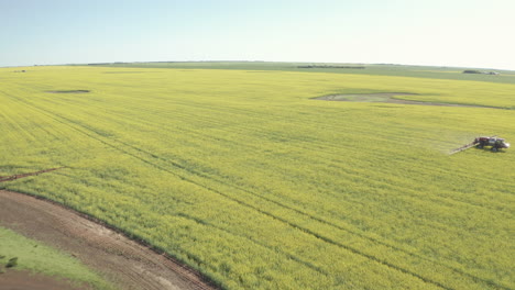 Tractors-spray-fungicide-in-green-sunny-field,-tracking-drone-shot