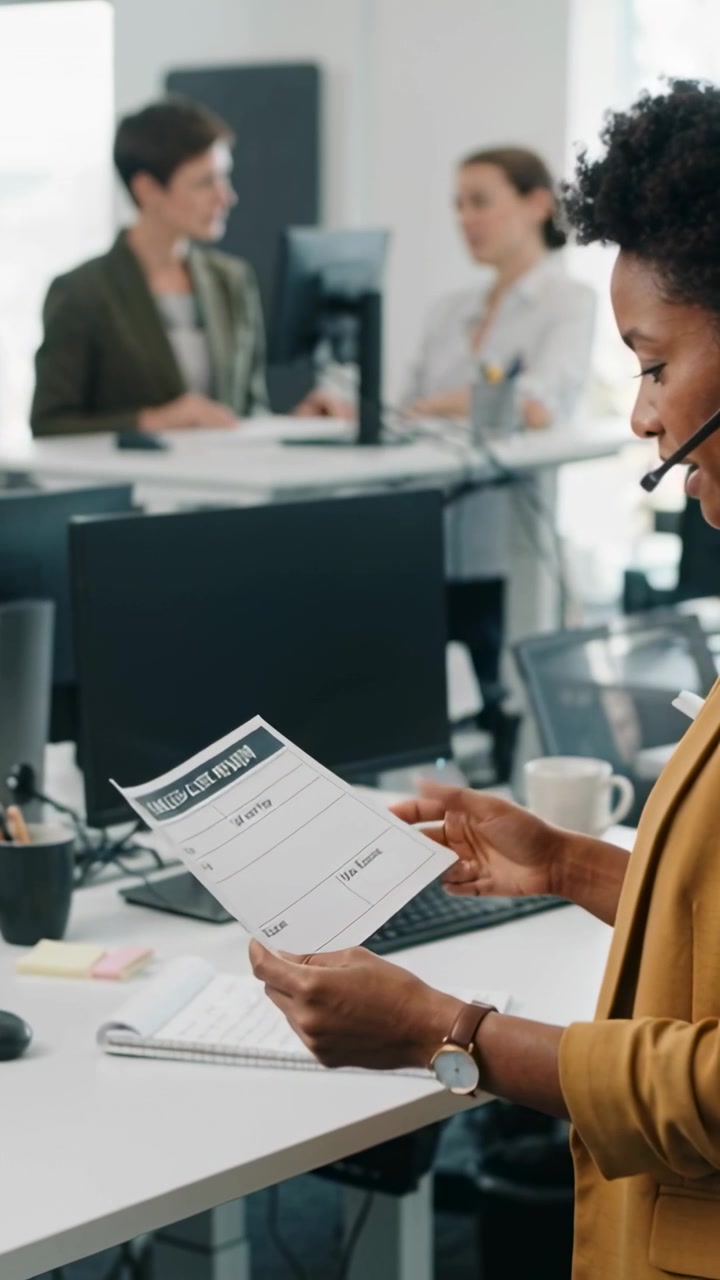Vertical video: Holding form mic woman mustard blazer pointing and checking in office, copy space