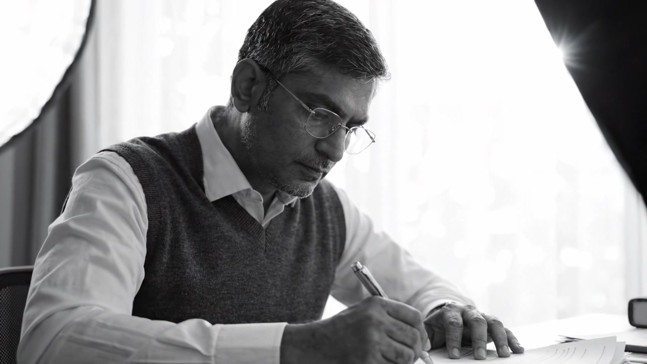 Thoughtful Man Writing in a Notebook, Surrounded by Natural Light, Capturing Reflection and Concentration in a Minimalist Workspace Setting