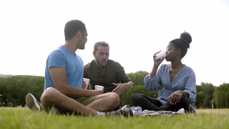 smiling friends drinking coffee on lawn and talking.