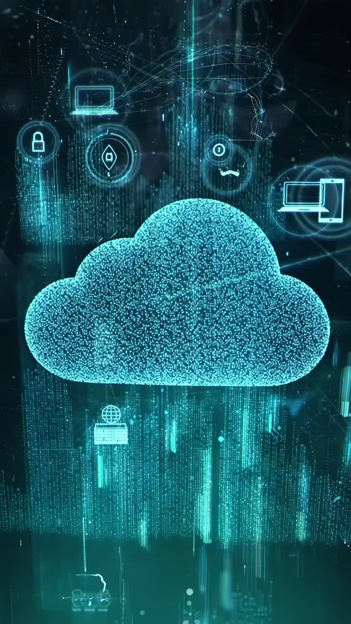 Concetto video futuristico di cloud computing, rete digitale, angolazione dall'alto, stile neon