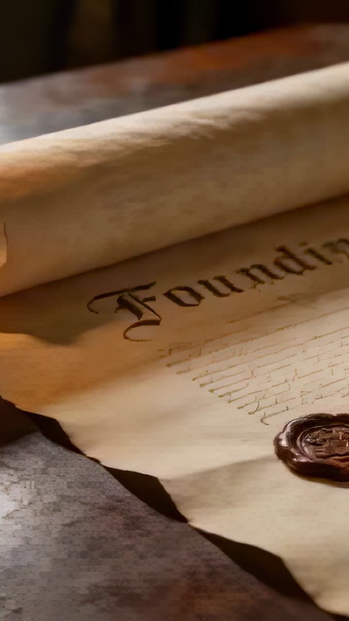 Vertical video: Panning camera revealing parchment 'Founding' in study, showing wax seal and chain