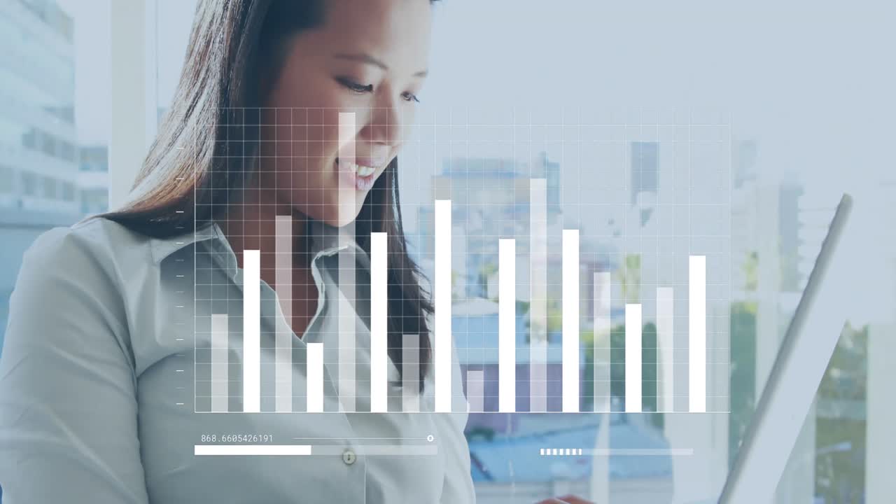 Animation of graphs and loading bars, asian woman standing and using laptop in office