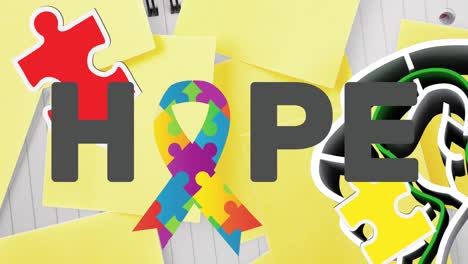 animation of puzzles falling over human brain with maze, hope text and ribbon formed with puzzles