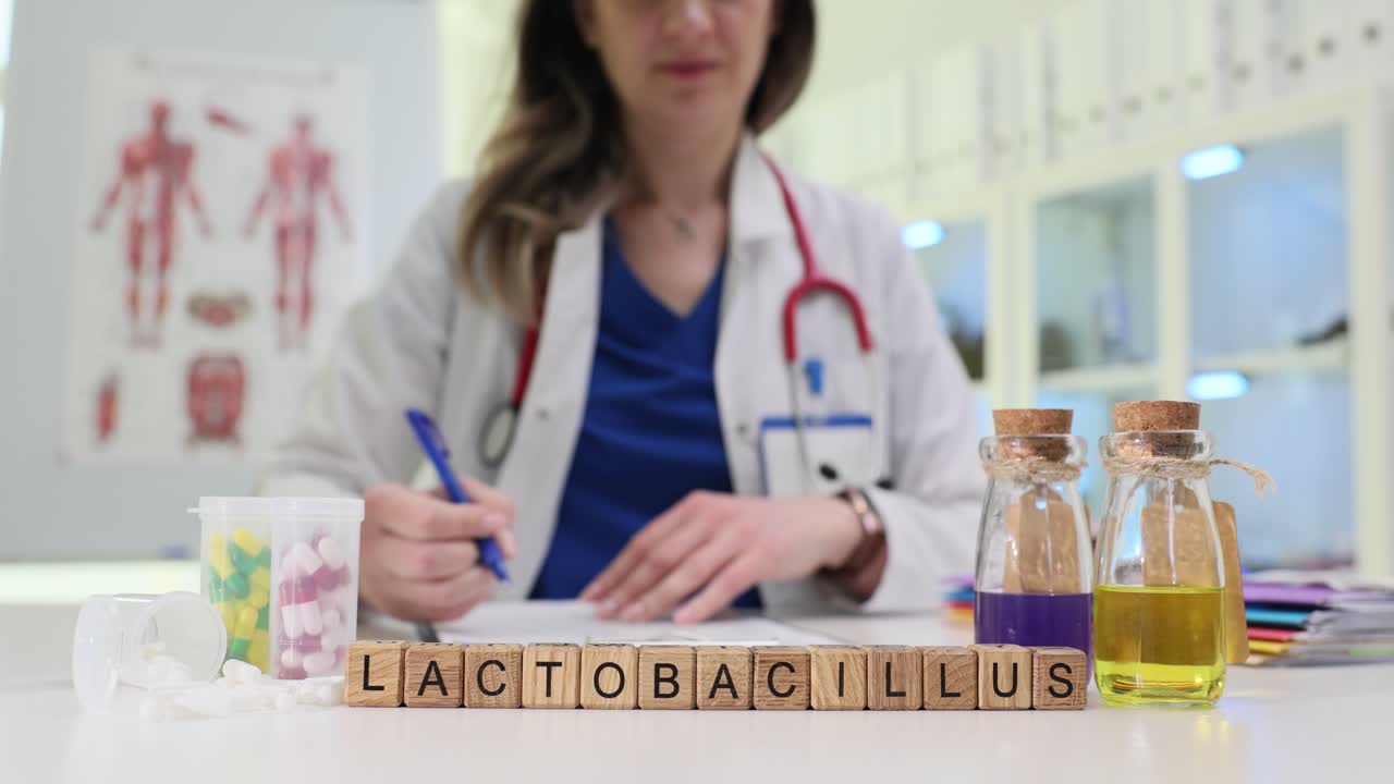Médico escribiendo con bloques de palabras de Lactobacillus en un escritorio